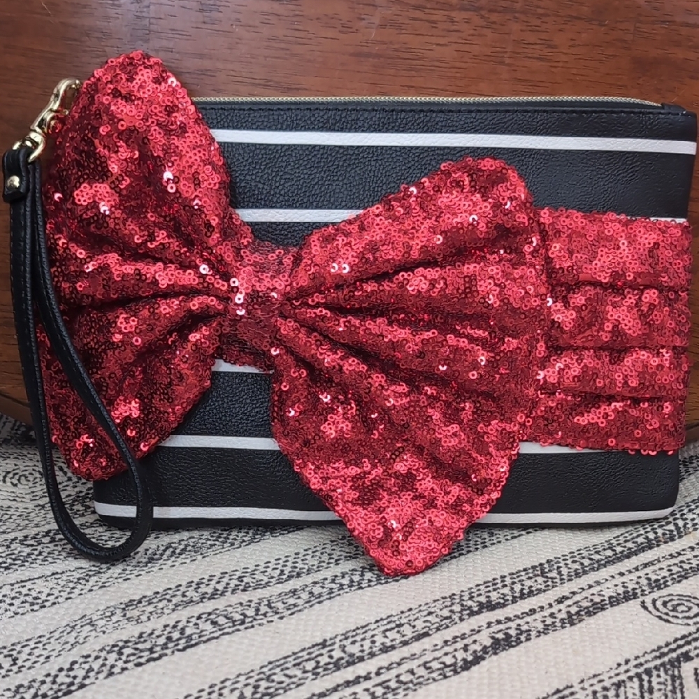 Betsey Johnson Sequin Bow Black and Red Clutch